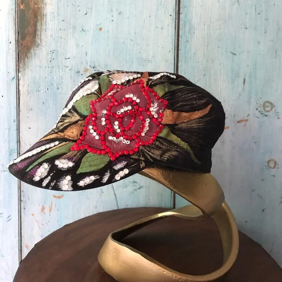 Trucker hat embellished with metallic paint, crystals, and beads - adjustable - Picture 9 of 15